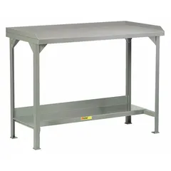 This fixed-height steel workbench features a 48 x 24-inch work surface and a lower shelf for storage. With an overall load capacity of 5,000 lb, it is suited for heavy-duty assembly, maintenance, and repair tasks in industrial workshops and warehouses.