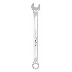 This metric 12-point combination wrench features an 11 mm head size and a 6 1/2 in overall length with an offset design. The chrome finish provides corrosion resistance. The 12-point box end grips hex fasteners securely, while the open end enables quick positioning. Suitable for tightening or loosening metric fasteners in automotive repair, machinery maintenance, and general assembly.