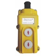 This pendant control station is designed for use with Dayton Single Speed electric chain hoists. It provides an Up function for lifting operations. Typical applications include manufacturing, warehousing, and assembly lines where precise hoist control is required.