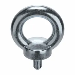 Steel eye bolt with shoulder, zinc-plated finish. Thread size 5/16"-18, thread length 1 1/8 in. Used for attaching slings, hooks, or cables in vertical lifting applications. Shoulder provides a bearing surface to reduce bending stress on the threaded shank. Nut not included. Made in USA.