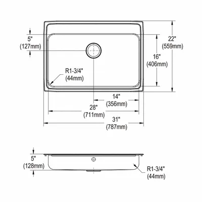 JUST MANUFACTURING Bowl Drop-In Sink: 31 in Overall Lg, 21 1/4 in Overall Wd, 5 in Bowl Dp - One-Bowl Counter-Mounted Kitchen & Bar Sinks without Faucets