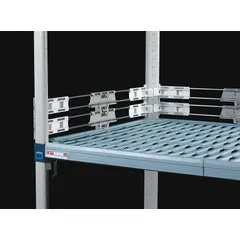 This front-to-back ledge for plastic shelving is made of stainless steel with a taupe polymer finish. It includes 2 dividers to help organize and secure stored items. Typical applications include commercial kitchens, warehouses, and retail storage where items need to be prevented from falling off shelves.