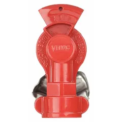 Red emergency gladhand for connecting air brake lines in commercial vehicle tractor-trailer systems. Features a 90° aluminum body with 1/2"-14 thread size, rated for 120 psi maximum working pressure at 70°F. Does not include a shut-off valve.