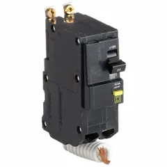 Bolt-on miniature circuit breaker from the QOB Series, rated 20 A, 120/240V AC, single phase, with a maximum interrupting rating of 10kA at 120/240V AC. Two-pole construction provides overcurrent protection in electrical distribution systems. For use with QO Load Centers and NQ Panelboards.