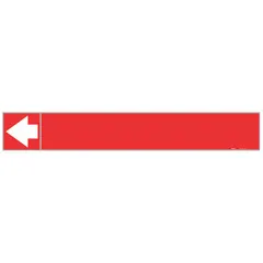 Red adhesive pipe markers with white legend text, designed for pipes with outer diameters from 2-1/2 to 6 inches. Each pack includes 25 markers with directional arrows for indicating flow direction. Suitable for identifying pipe contents in industrial facilities to meet pipe-marking standards.