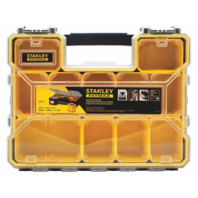 STANLEY Compartment Box: 17 3/8 in x 14 1/2 in x 4 1/2 in, Clear/Black/Yellow - Small Parts Compartmented Boxes with Removable Cups