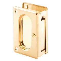 This PRIME-LINE pocket door pull handle is made of brass with a polished brass gold finish. It features unthreaded mounting holes and is designed as a tray/lever type pull. Suitable for use on cabinet trays, drawers, or edge-mounted applications in residential or light commercial cabinetry.