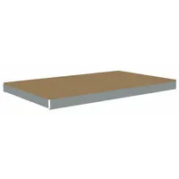 This shelf kit includes four zinc-plated steel beams and an unfinished gray particleboard deck. Designed for boltless shelving systems, it provides a single straight shelf configuration for uniform load distribution. Suitable for warehouses and stockrooms storing medium-weight items
