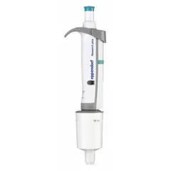 Manual adjustable volume single-channel pipettor with a maximum capacity of 10,000 µL and 0.01 mL volume increments. Autoclavable for sterilization. Turquoise color. Suitable for precise liquid handling in laboratory applications such as dispensing and transferring volumes.