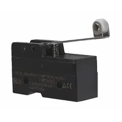 Snap-action switch from the Z Series with a hinge roller lever actuator. Features 1NO/1NC contact configuration and solder electrical connection. Rated for 15 A at 250 V AC. Used for position sensing and limit control in industrial automation and machinery.