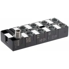 This IO-Link hub provides 16 digital inputs and 8 output ports via 5-pole A-coded M12 female connectors. It operates at 24V DC with COM3 communication at 230.4 kbit/s and is rated IP68 for use in harsh industrial environments. Suitable for decentralized signal acquisition and control of sensors and actuators.