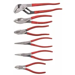 This 6-piece pliers set includes standard cushion grip manual pliers ranging from 6 to 9 inches. The set features a 10-inch flat jaw tongue and groove plier and a long nose plier, suitable for gripping, bending, and cutting tasks in industrial maintenance and repair.