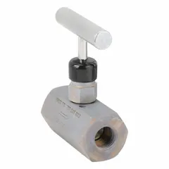 Manual two-way snubber valve with steel body and tee handle. Rated for 10,000 psi maximum pressure and 4 gpm maximum flow. 3/8 in NPT connections. Used in hydraulic systems for precise flow control or shut-off in applications such as clamping, pressing, and lifting.
