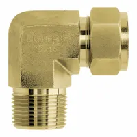 This brass compression fitting elbow connects 1/2 in OD tubing to 1/2 in pipe size with a male NPT thread. The double-ferrule design provides a leak-tight seal suitable for high-vibration or thermal-cycling applications in instrumentation, hydraulic, and pneumatic systems. Clean and bagged for immediate use