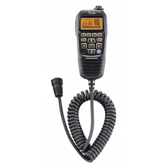 Black speaker microphone with 240-inch cord and 8-pin round plug connector. Features push-to-talk operation. Compatible with ICOM M424G series radios and M400BB, M410BB, M510, M510BB, M605 series. Used for two-way radio communication in marine and industrial environments.