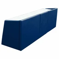 This SPALDING scorer's table features a white steel tabletop and navy vinyl padding. It measures 96 inches in length, 18 inches in depth, and 29 inches in overall height. Designed for use at sports events, it provides a dedicated workspace for scorekeepers and officials