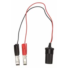 This 1 ft power inverter cable features 14 AWG wire gauge and includes battery post clips for secure connection to a battery. The socket end allows for direct attachment to a power inverter. Suitable for DC power transfer in automotive, industrial, and field-service applications.
