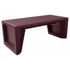This floor-mounted bench accommodates two persons with a burgundy polyethylene seat. It is suited for indoor or covered outdoor waiting areas, break rooms, and corridors. The bench meets UL 94 HB flammability and ISO 22196 antibacterial standards.
