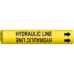 Yellow snap-on pipe marker with black legend reading 'Hydraulic Line' and directional arrows. Fits pipe outer diameters from 2-1/2 to 3-7/8 inches. Used to identify hydraulic lines in industrial piping systems for safety and compliance.