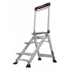 This aluminum folding step stool provides three steps and a 2.2 ft standing height, supporting up to 375 lb. It includes foldable handrails for added stability during tasks such as accessing overhead storage or performing maintenance in industrial and commercial settings. The silver finish and corrosion-resistant construction suit indoor and covered outdoor use.