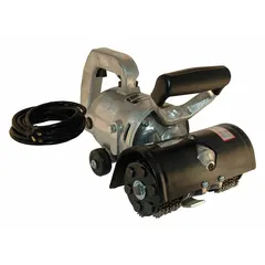 This corded handheld scarifier features a D-handle design and an 8-inch cleaning area, powered by 115V AC. It includes a dust shroud for debris containment during surface preparation. Suitable for removing coatings, adhesives, and contaminants from concrete and steel surfaces.