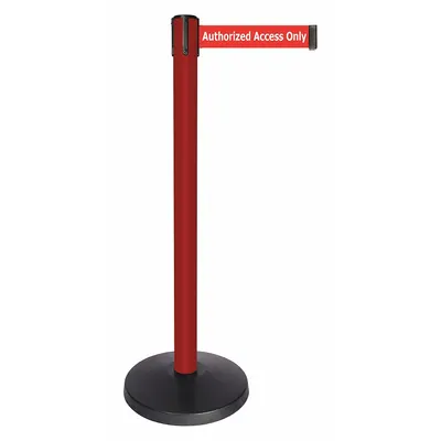 QUEUEWAY Barrier Post with Belt: Red, No Pattern, Authorized Access Only, 10 ft Belt Lg - Message Retractable Belt Post Barriers
