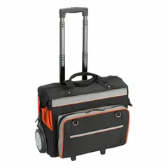 This rolling tool bag is made of black polyester and measures 20 1/2 inches wide, 12 1/2 inches deep, and 17 1/2 inches high. It features a top opening with a reinforced metal frame that stays open, and includes 14 inside pockets for organizing tools and accessories. Suitable for transporting and storing hand tools, meters, and other equipment on job sites.