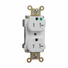 Duplex general purpose receptacle rated 125V AC, 20 A, 5-20R configuration, 2 pole/3 wire. White finish. Suitable for use in commercial and institutional settings where standard 20A, 125V AC power is required.