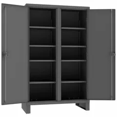 This shelf-style shift cabinet from DURHAM MFG measures 48 x 24 x 78 inches and is supplied fully assembled. It features 8 adjustable shelves and 2 doors, with a gray finish and leg base. Suitable for organizing tools, parts, and supplies in industrial environments.
