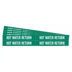 Green adhesive pipe markers with white legend text reading 'Hot Water Return', designed for identifying hot water return lines in piping systems. Each marker fits pipe outer diameters from 3/4 to 2-3/8 inches. Supplied without directional arrows, in packs of 4 markers, sold as a 5-pack.
