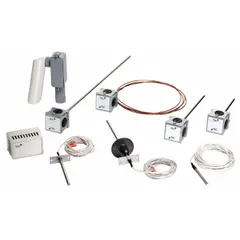 Remote immersion temperature sensor with metal conduit box housing and hardwired electrical connection. Provides single-point measurement with ±0.34°F accuracy over a -50°F to 220°F range. Includes a well adaptor for installation in pipes or tanks. Compatible with building automation systems for HVAC control.