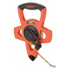 Manual open-reel long tape measure with a 100 ft steel blade, single-sided SAE/Engineers scale graduated in 1/100 in. Features a nonmagnetic single hook end and a plastic case with grip. Suitable for measuring long distances in construction, surveying, and engineering applications.