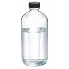 This 500 mL clear narrow mouth round glass bottle is made from Type III soda lime glass with a colorless body. It features an attached 28-400 mm phenolic screw closure with a PolyCone liner for a secure seal. Suitable for collecting, storing, and transporting liquid samples in laboratory and industrial settings.