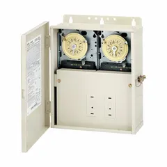 The INTERMATIC T10404R is a 24-hour electromechanical timer switch with a metal body for surface mounting indoors. It features a double-pole single-throw (DPST) switching configuration and operates at 208-277V AC. Suitable for indoor applications such as lighting, HVAC, and motor control scheduling.
