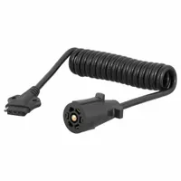 This adapter converts a 7-way blade connector to a 5-way flat system, allowing compatibility between different trailer wiring setups. Constructed of plastic, it features a 5 ft overall length and 1 3/4 in height. Suitable for towing applications where a 7-way tow vehicle needs to connect to a 5-way trailer
