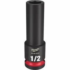 This 1/2" drive impact socket features a 1/2" SAE socket size with a 6-point deep profile and friction retention. Designed for use with impact wrenches, it provides high torque transfer for fastening and loosening nuts and bolts in automotive, heavy equipment, and industrial applications.