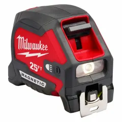 This 25 ft SAE tape measure features a magnetic single hook tip for attaching to metal surfaces, enabling one-person measuring. The blade is marked in inches with the first 6 inches highlighted for quick reading. It includes a manual lock and a tether-ready plastic housing in black and red. Suitable for construction, carpentry, and general industrial measuring tasks.