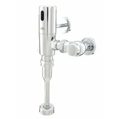 Exposed urinal automatic flush valve with top spud location and piston mechanism. Battery-powered, delivers 1 gpf. Suitable for commercial restroom installations requiring hands-free operation.