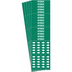 Green adhesive pipe markers with white legend text reading 'Nitrogen', designed for pipes with outer diameter of 3/4 inch and smaller. Each pack contains 3 markers with arrows indicating flow direction, suitable for identifying nitrogen lines in industrial piping systems.