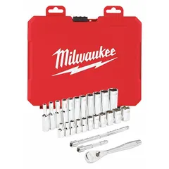 This 26-piece SAE socket set includes a 1/4 in drive friction-style drive tool and standard 6-point sockets ranging from 5/32 in to 9/16 in. The set is used for tightening and loosening fasteners in automotive repair, machinery maintenance, and general industrial assembly.