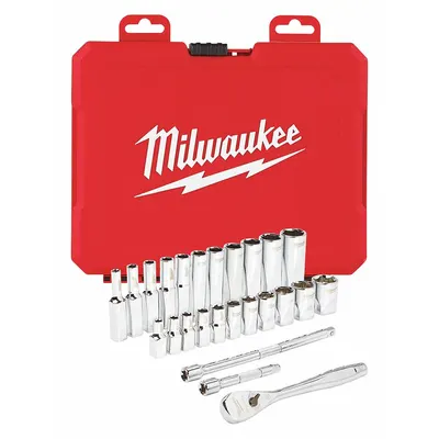 MILWAUKEE Socket Wrench Set: 1/4 in Drive, 26 Piece, 6-Point, SAE - SAE Socket Sets with Drive Tools