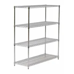 This stationary wire shelving unit is constructed from steel with a chrome finish, suitable for dry environments. It measures 42 inches by 18 inches with an overall height of 74 inches and includes four shelves. The open wire design promotes airflow and visibility, making it appropriate for organizing boxes, tools, or supplies in commercial storage areas.
