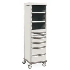 This antimicrobial mobile cabinet from METRO is designed for healthcare environments to store and organize medical supplies, instruments, and equipment. It features 2 shelves and 6 drawers in a taupe finish, with no doors. Dimensions: 22 3/4 in x 24 7/8 in x 78 1/4 in.
