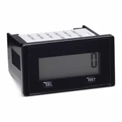 Digital counter with front panel mounting, 1 1/8 in x 2 in size, and high-contrast display. Housed in a durable plastic enclosure with NEMA 12 rating and UL listing. Suitable for industrial counting applications requiring panel installation.