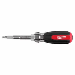 This combination multi-bit screw and nut driver includes eight tips covering Phillips, slotted, and square tip configurations, plus a 1/2 in nut driver. With an overall length of 8 inches, it is suited for driving and removing fasteners in electrical, HVAC, and general construction applications.