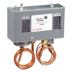 Dual pressure control with SPST switch. Low-side range 20 in Hg to 100 psi, high-side range 100 psi to 500 psi. NEMA 1 enclosure. Used in commercial refrigeration and HVAC systems to protect compressors from high or low pressure conditions.