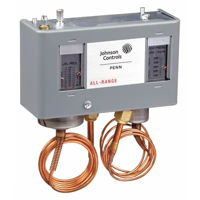JOHNSON CONTROLS Dual Pressure Control: SPST, 20 in Hg to 100 psi Low Side, 100 psi to 500 psi High Side - Dual Pressure Controls