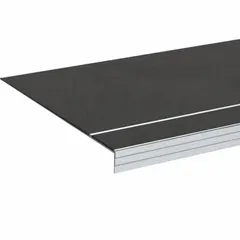 Aluminum stair tread cover with double-strip grit surface for slip resistance. Adhesive-installed, 11 in deep by 42 in wide, black finish. Used on stair nosings in industrial, commercial, and warehouse settings to improve traction.