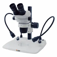 This LAXCO stereo microscope features binocular viewing with a 0.8X to 10X zoom range and a 22 mm optical field of view. It is mounted on a track-style stand providing a 100 mm working distance, suitable for inspection and assembly tasks requiring moderate magnification and clearance.