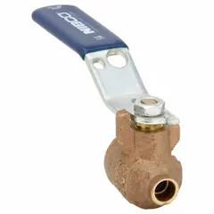 This NIBCO bronze ball valve features a 1/4-inch straight pattern with sweat x sweat connections and a full-port design for minimal pressure drop. The two-piece body and blue lever handle enable manual on/off or redirecting flow in residential and commercial plumbing and HVAC systems for water and non-corrosive fluids.